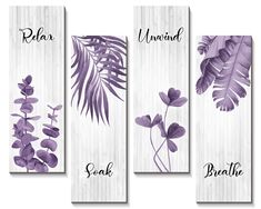 three canvases with purple flowers and leaves on them, one has the word relax