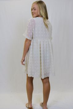 This white ruffle polka dot dress is great for a Sunday brunch! Model is wearing a size small. Sunday Brunch, Polka Dot Dress, Dot Dress, Polka Dot, Polka Dots, White Dress, Dress Up, Long Sleeve Dress, How To Wear