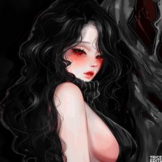 a woman with long black hair and red eyes