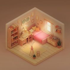 a small room with a bed, desk and lamp in it's corner is shown