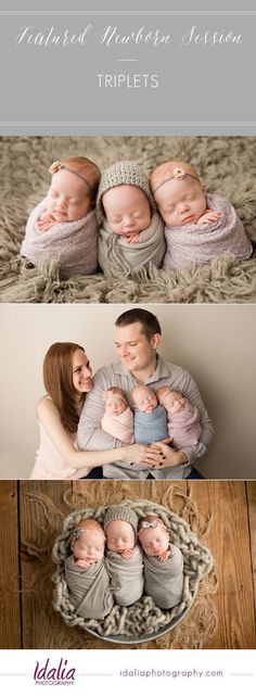 three newborn babies in their mother's arms and dad holding them with the words natural newborn session triplets