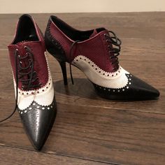 Gucci Lace Up Booties. Multi Color (Black-Offwhite-Maroon). 4 Inch Heel. Excellent Condition - New With Tag. Gucci White Heels For Formal Occasions, White Gucci Heels For Formal Occasions, Shoes Gucci, Lace Up Booties, 4 Inch Heels, Gucci Shoes, Womens Oxfords, Bootie Boots, Oxford Shoes