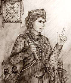 a drawing of a woman holding a peace sign in her right hand and wearing an elaborate headdress