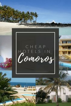 the words cheap hotels in concords are overlaid by images of beach houses and palm trees