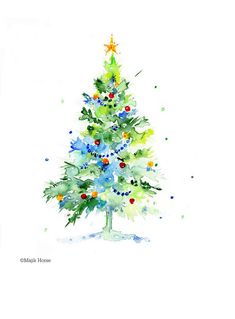 a watercolor painting of a christmas tree