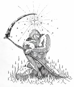 a drawing of a person sitting on the ground with a bow and arrow in their hands