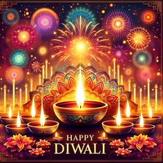 happy diwali greeting card with colorful fireworks and candles in the middle of it