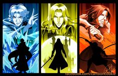 four anime characters with different colored background