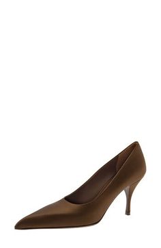 An elongated pointy toe shapes the sharp silhouette of this truly timeless pump crafted in Italy from silky satin. 3 1/2" (89mm) heel (size 38.5) Textile upper/leather lining and sole Made in Italy Designer Shoes Pump Shoes, Women's Pumps, Designer Shoes, Prada, In Italy, Nordstrom, Pumps, Satin, Italy