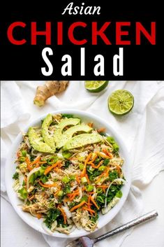 chicken salad with avocado, carrots and cilantro in a white bowl