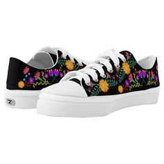 Pretty summer footwear for her, with fun and colorful floral pattern. These black and white fashion sneakers have Mexican fiesta flowers in pink, purple, red, yellow and blue green. We also have this casual canvas print available on personalized high-tops. Cute and girly, perfect for girl or woman. Matching t-shirts available in our Quinceanera / Mis Quinca Anos collection (most are editable for general wear). Trendy Multicolor Custom Sneakers For Spring, Multicolor Custom Sneakers For Summer, Multicolor Custom Sneakers With Round Toe For Summer, Summer Custom Sneakers With White Sole, Summer Custom Sneakers With Round Toe, Summer Custom Sneakers With White Sole And Round Toe, Black Low-top Canvas Shoes For Summer, Multicolor High-top Summer Sneakers, Summer Black Cotton Sneakers