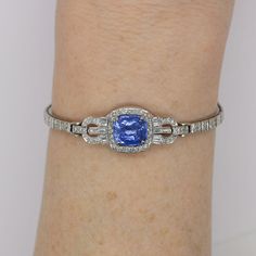 Platinum and 14 Karat White Gold Diamond and Sapphire Art Deco Bracelet White Gold Diamond Bracelet, Honey Jewelry, Art Deco Bracelet, Gems Bracelet, White Bracelets, Sapphire Pendant, Sapphire Bracelet, Sapphire Jewelry, Something Blue