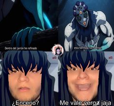 an anime character with different facial expressions, and the caption in spanish below it