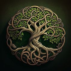 a tree with many branches and green leaves in the shape of a circle on a black background