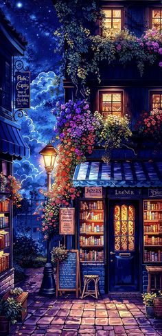 a painting of a book store with flowers on the window sill and bookshelves