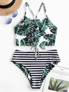 ZAFUL Reversible Palm Striped Lace Up Tankini Swimsuit #Zaful #swimwear #summer #tankini Dress Sweater, Swimwear Tankini