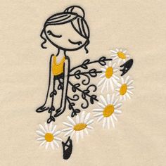 a drawing of a girl with daisies in her hand on a piece of cloth