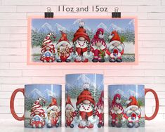 three coffee mugs with santa claus and snowmen on them