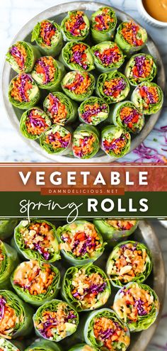 vegetable spring rolls on a plate with dipping sauce