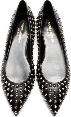 Saint Laurent Black Studded Paris Ballerina Flats Footwear Heels, Pointy Flats, Studded Shoes, Black Ballet, Walk In My Shoes, Shoe Closet, Heels Black