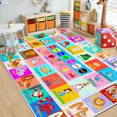 a child's play room with toys and rugs