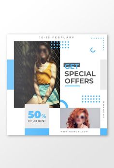 a flyer for a special offers event with an image of a woman in yellow and blue