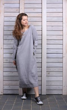 "This dress is very comfortable and has a minimalistic look. It is perfect for any occasion and for any season. Natural high-quality linen is quite dense and looks nice even without ironing. Each dress is hand made with love to nature. We use only natural fabric to create our things. You can choose from 16 colors. (The color palette you can find it in the end of listing). GENERAL SIZE CHART: SIZE XXS Bust: fits bust around 80 cm / 31.5\" Waist: fits waist around 62 cm / 24.5\" Hips: fits hips ar Gray Long Sleeve Dresses With Relaxed Fit, Casual Long Sleeve Linen Loungewear Dress, Relaxed Fit Long Sleeve Linen Dress For Loungewear, Long Linen Dress Casual, Linen Dress Casual, Long Linen Dress, Dress Linen, Dress With Long Sleeves, Natural Fabric