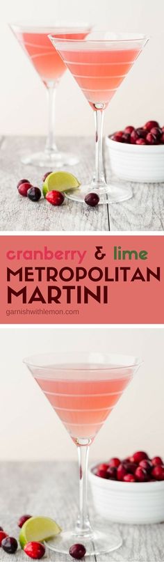 cranberry and lime metropolita martini is served in coupe glasses with garnishes