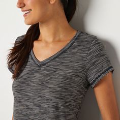 Deemed a Gotta-Have-It item for value you can count on every day! Xersion's women's v-neck t-shirt is cut from our quick-dry Everair stretch fabric that's moisture-wicking and breathable. It's also antimicrobial and odor resistant so that you can increase your workout intensity without worry- use it as a base layer or wear it alone in warmer temperatures.Features: Odor Resistant, Breathable, Moisture Wicking, Quick Dry, Stretch Fabric, EssentialsClosure Type: Pullover HeadFit: Regular FitNecklin Comfortable Stretch Gray Tops, Comfortable Gray Stretch Top, Gray Moisture-wicking Tops For Loungewear, Sporty V-neck Loungewear Activewear, Sporty V-neck Activewear, Casual Moisture-wicking Top For Yoga, Casual Go-dry Top For Workout, Relaxed Fit V-neck Athleisure Activewear, Comfortable Stretch Sports Tops