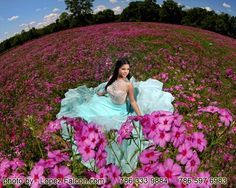 a woman in a blue dress is sitting in a field of pink flowers with her arms around her body