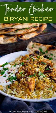 chicken biriyani recipe on a plate with pita bread in the background