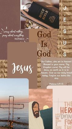 the collage has many different images and words on it, including an image of jesus