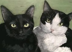 two black and white cats sitting next to each other on a green surface with yellow eyes