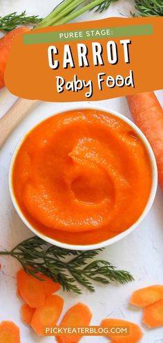 carrot baby food in a white bowl surrounded by carrots