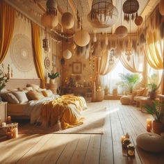 a bedroom with lots of hanging lights and curtains on the ceiling, along with a bed