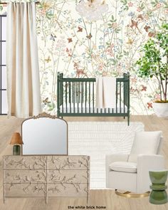 a baby's room with white furniture and floral wallpaper, including a crib