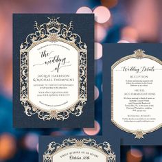 the wedding stationery is shown in black and gold