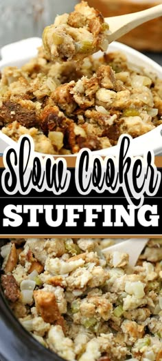 slow cooker stuffing in a crock pot with wooden spoons and text overlay that reads slow cooker stuffing