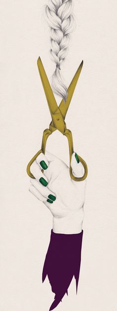 a drawing of a pair of scissors being held by a woman's hand with braids in it