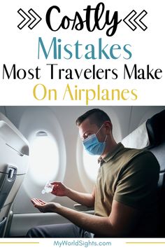 a man wearing a face mask while sitting on an airplane with the words, costly mist