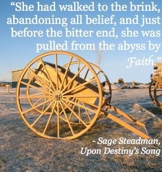 an old wooden wagon sitting in the middle of a field with a quote on it