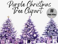 purple christmas tree clipart with presents in front of it and the words, purple christmas tree clipart