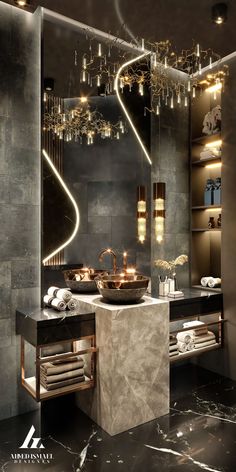 a bathroom with a sink, mirror and lights