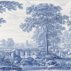 a large blue and white wall mural with trees, buildings, and people in the background