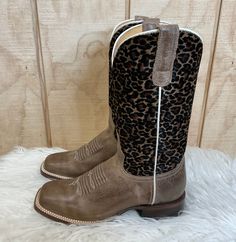 Everyone needs a pair of cheetah print cowboy boots in their closet! This Roper has a cheetah printed on faux brushed shaft and waxy brown full grain leather foot. Made for comfort, it has a REST comfort insole and dynamic arch support. 8 inch shaft height Leather lining Double stitch welt Leather outsole 1 1/4 inch walking heel​ Circumference of Calf: 13" Measurements for this boot were taken from a size 6.5. Please note that measurements may vary by size. Western-style Square Toe Boots For Western-themed Events, Women’s Square Toe Cowboy Boots, Western Wide Calf Knee-high Boots With Square Toe, Square Toe Cowgirl Boots, Cowgirl Boots Square Toed Ariat, Western Mid-calf Boots With Square Toe And Reinforced Heel, Tan Square, Cowgirl Boots Square Toed, Square Toe Western Boots