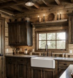 a rustic kitchen with wooden walls and cabinets