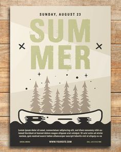 a poster with the words summer written in green and white on it, along with pine trees