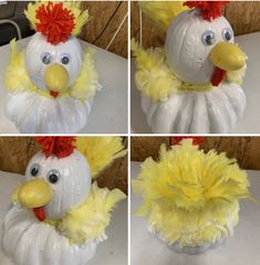 four different pictures of a plastic chicken with feathers on it's head and tail