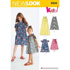 two children's dresses and sandals are featured in the new look sewing pattern 6652