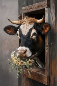 a painting of a cow sticking its head out of a window with daisies in it's mouth